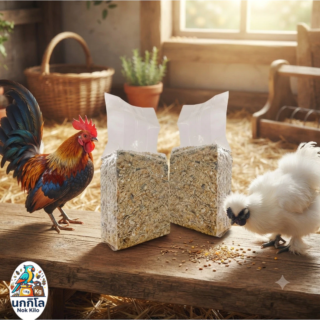อาหารไก่ ซิลค์กี้ Silkie อาหารไก่แจ้/ ไก่ป่าสวยงาม ( สูตรบำรุงขนฟูหนา เงางาม ทรงสวย ) 1 Kg.