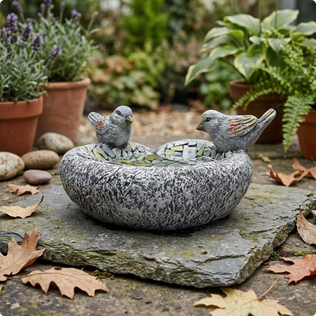 [mibum01eb] เรซิ่น Bird Bath Weather-Resistant Outdoor Birdbath Bowl Crafted Look ตกแต่งสวนสําหรับ Patio