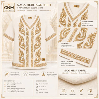 เสื้อชาติพันธุ์ไทย CNM Thai Style สำหรับชายหญิง คอวีแขนสั้น ลายพญานาคคู่สีทอง แนวไทยร่วมสมัย ผ้านุ่มเบาสบาย ใส่เที่ยววัด