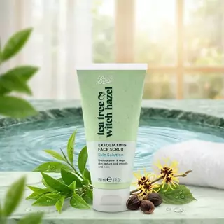 BOOTS TEA TREE & WITCH HAZEL บู๊ทส์ เอ็กซ์โฟลิเอท เฟซ สครับ บีวีไอ