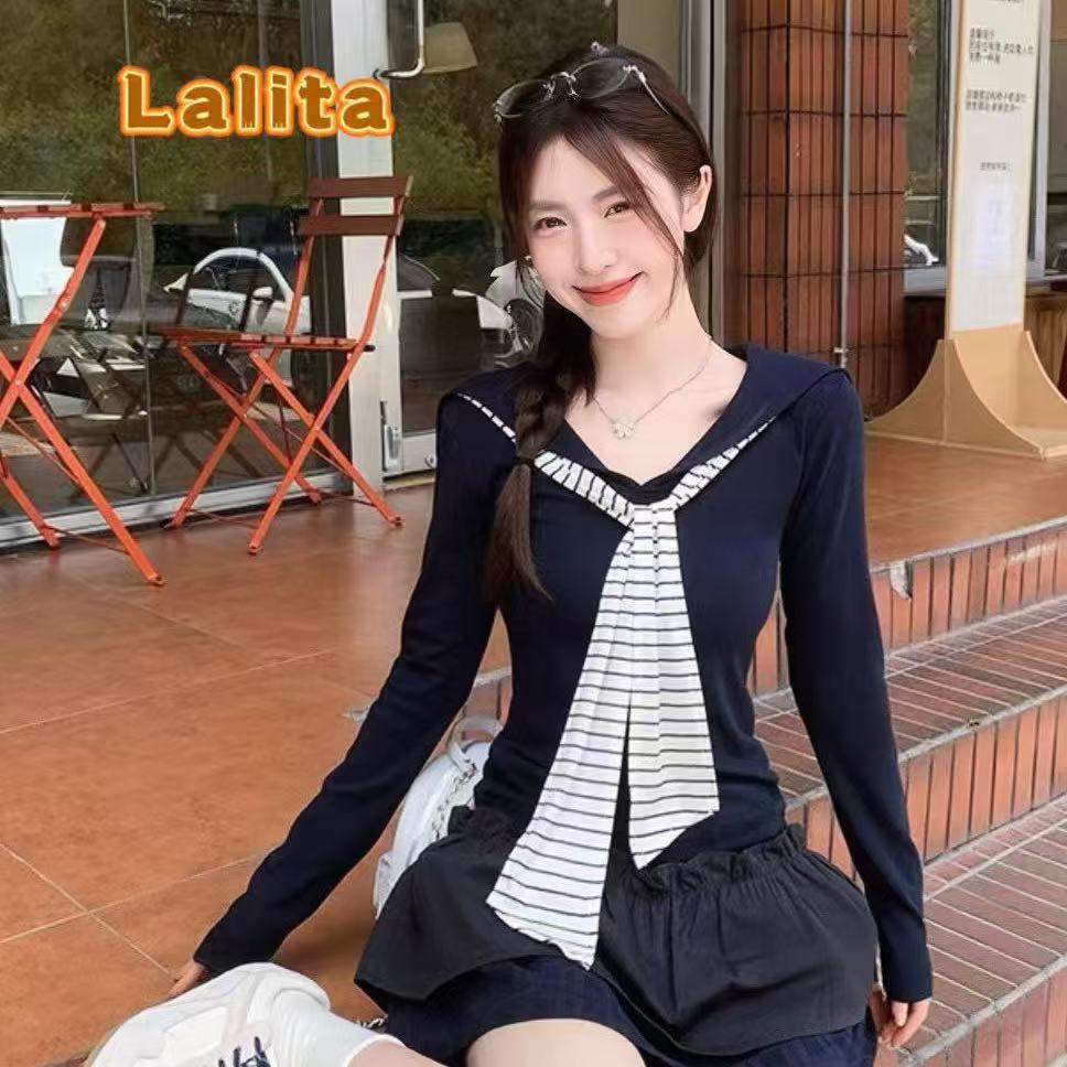 ส่งไวจากไทย เสื้อเชิ้ตแขนยาว ผูกโบว์ลายทาง ทรงเข้ารูปช่วงเอว ผ้าเนื้อนุ่ม มีให้เลือก3สี Lalita
