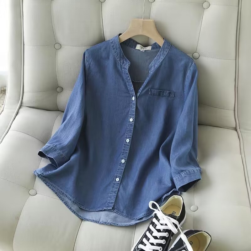[โนบูติก] แฟชั่น260712 ยอดนิยม Spike ฤดูใบไม้ผลิฤดูร้อนบาง Tencel Denim V คอสามควอตซ์แขนเสื้อผู้หญิง