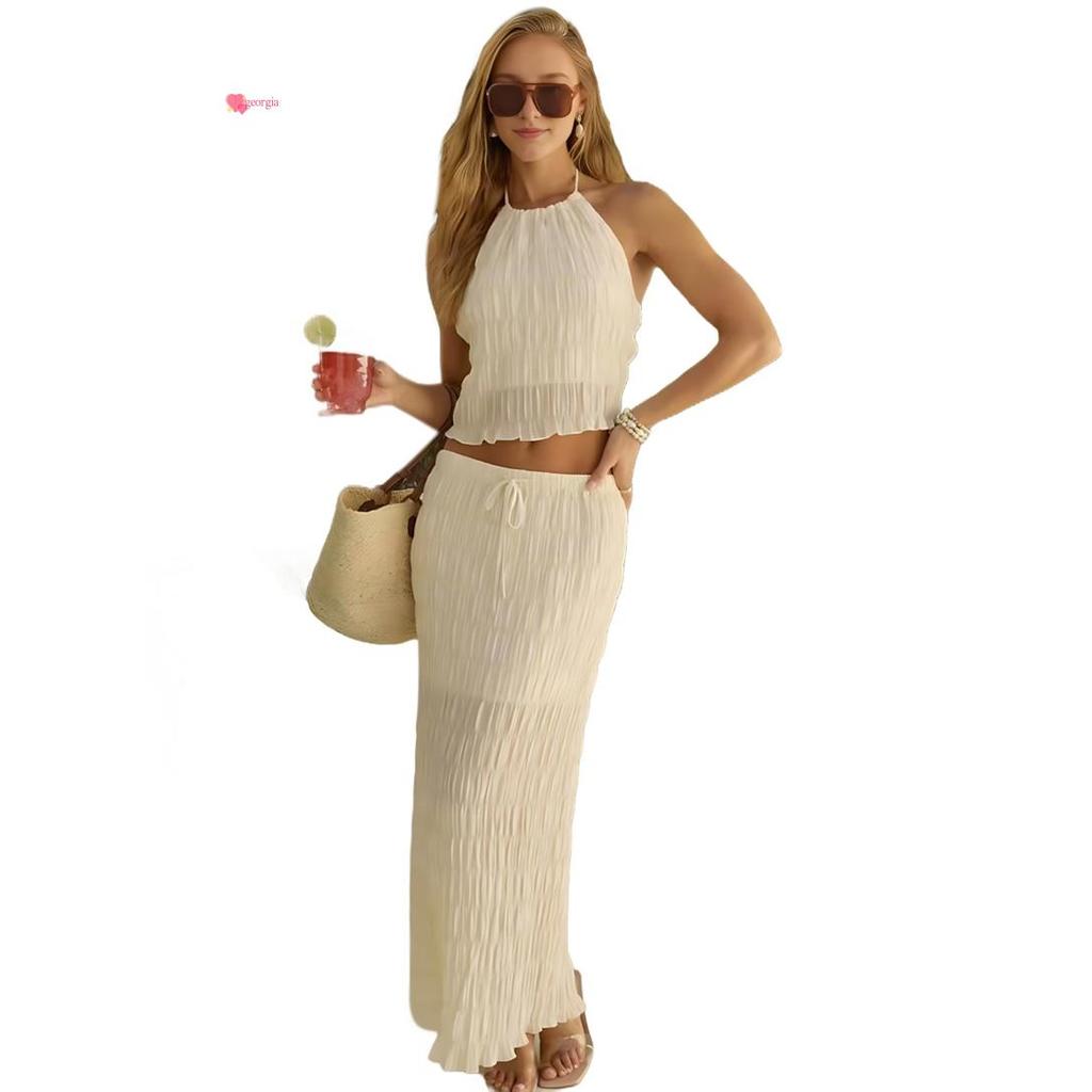 georg33Women 2 ชิ้น Maxi ชุดกระโปรง Y2k Lace Up Back Tank Top Flowy Ruffle กระโปรงยาวชุดออกไปข้างนอก