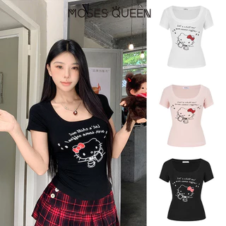 MOSESQUEEN เสื้อยืดแขนสั้นคอวีเผ็ด KT cat ทรงสวปท์สไตล์อเมริกัน ทรงเข้ารูป ทรงเข้ารูป ทรงเข้ารูป เอว-cinching top #63753