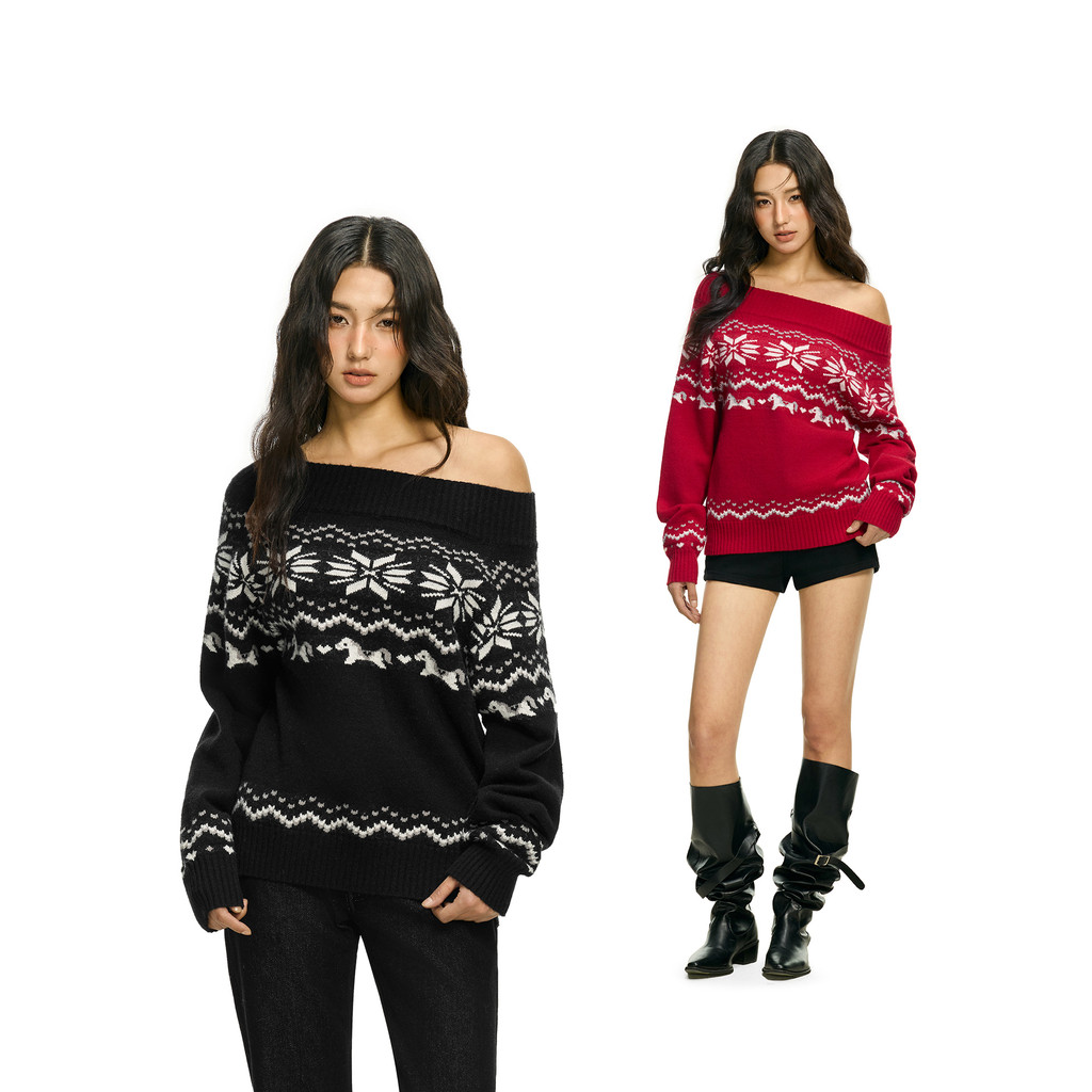 FDR Official Store Fershima Pony Jacquard Slanted ไหล่เสื้อกันหนาวผู้หญิงฤดูใบไม้ผลิสาวร้อนไหล่เดียว