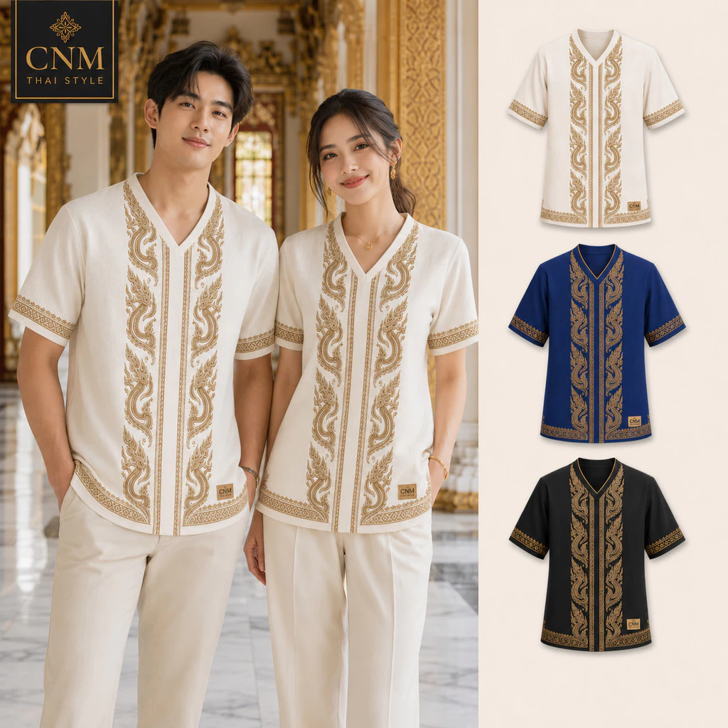 เสื้อชาติพันธุ์ไทย CNM Thai Style สำหรับชายหญิง คอวีแขนสั้น ลายพญานาคคู่สีทอง แนวไทยร่วมสมัย ผ้านุ่มเบาสบาย ใส่เที่ยววัด