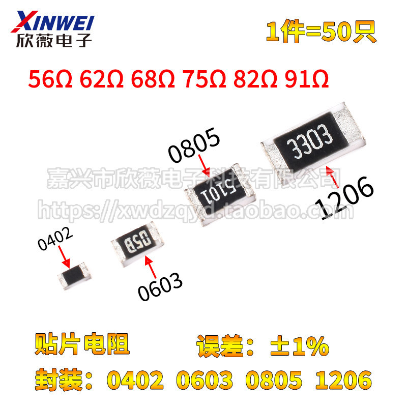 0402 0603 0805 1206 ตัวต้านทานชิป 56R 62R 68R 75R 82R 91R ยูโร 1% Precision