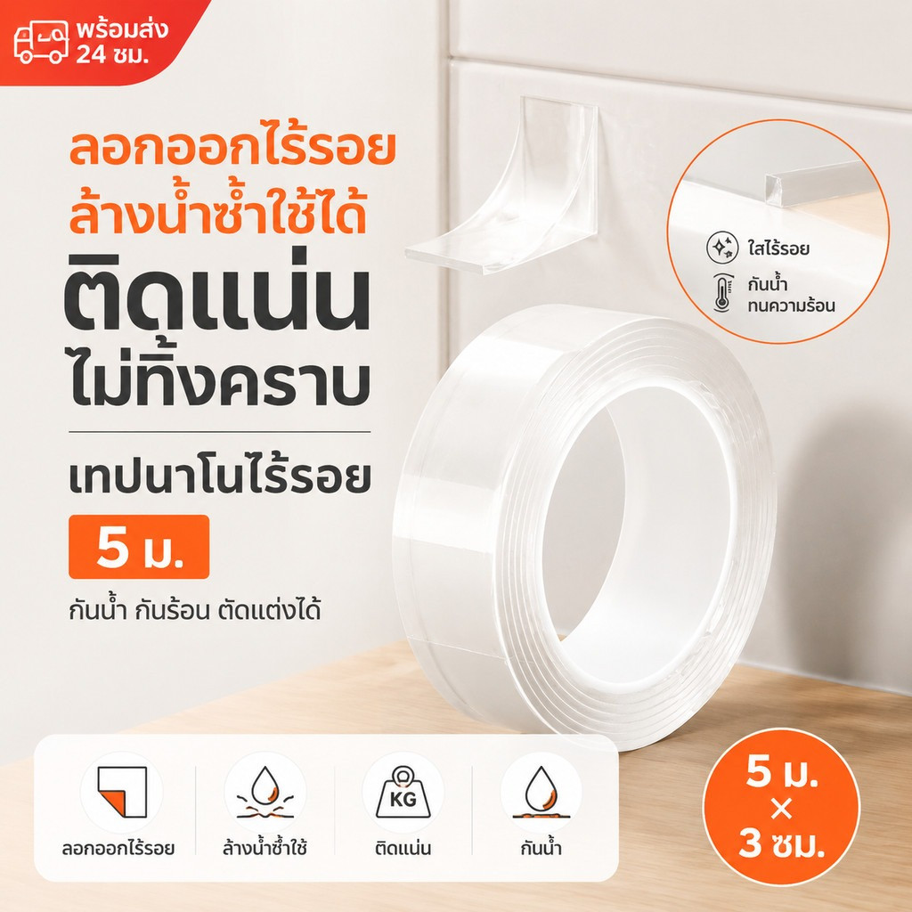 🔥พร้อมส่งในไทย✨3m เทปกาวนาโน แบบสองหน้า เหนียวแข็งแรง ใส เทปกาวกันน้ําแบบใช้ซ้ําได้