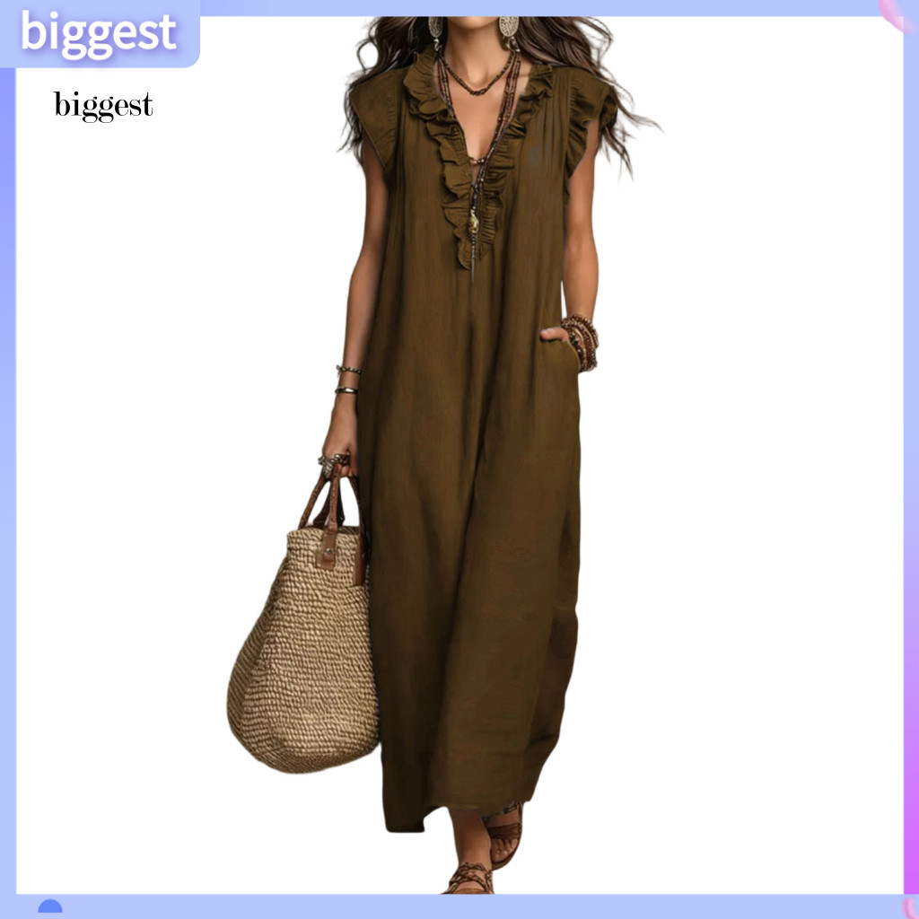 BGT ชุดสร้อยคออุปกรณ์เสริมผู้หญิงชุดผู้หญิงs ฤดูร้อน Maxi ชุด V คอ Ruffle Boho Beach Sundress พร้อมก