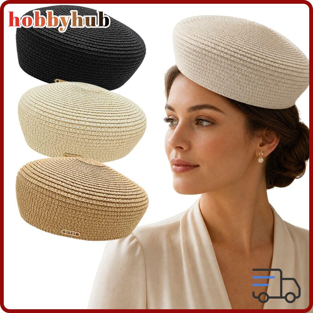HOBBYHUB หมวกไม่มีปีก, ทรงกลมแข็งผู้หญิงฟาง Pillbox หมวก, สไตล์วินเทจโครงสร้างมงกุฎรอบชุดหมวกทุกวันชุด