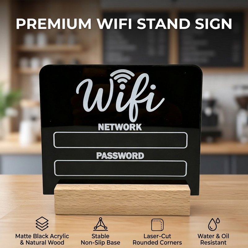ป้ายรหัส WiFi ป้ายชื่อเครือข่าย WiFi แบบตั้งโต๊ะ มีไอคอน WiFi และช่องข้อมูลชัดเจน เหมาะกับเคาน์เตอร์บริการ