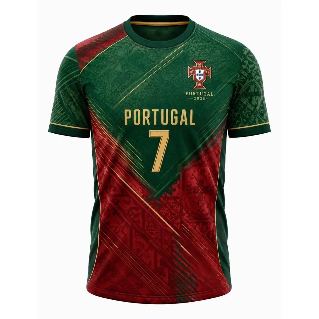 2026 Portugal Christiano Ronaldo No.7 สีดํา Retro Design Contrast สี Jersey ผ้าแห้งเร็วทุกวันเสื้อฟุตบอลพัดลมคําเตือน Jersey