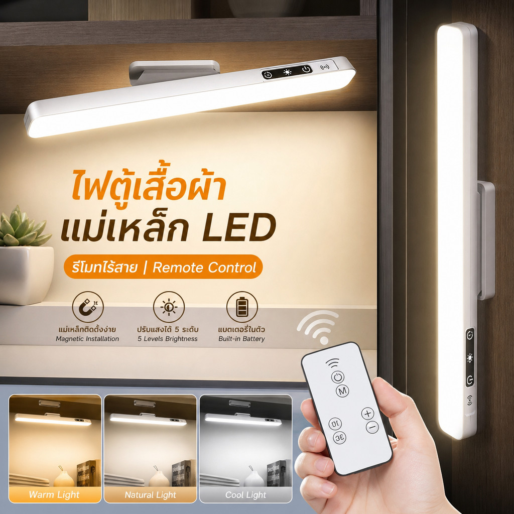 COD ไฟตู้เสื้อผ้า ไฟแม่เหล็ก LED ชาร์จได้ 3/5สี ไฟอ่านหนังสือ ไฟแต่งห้อง ปรับได้ ควบคุมระยะไกล