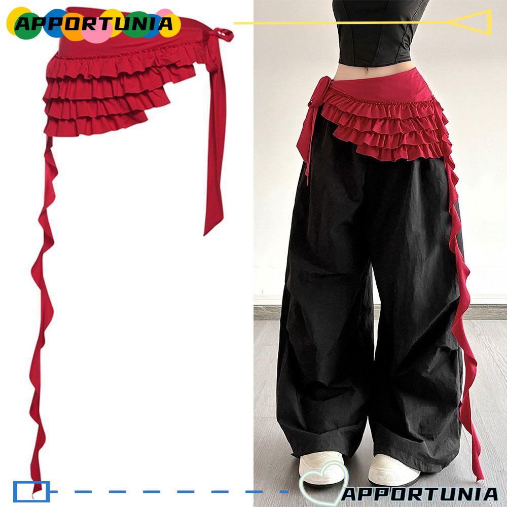 APPORTUNIA ลูกไม้มินิกระโปรง,ปักดอกไม้ Y2K Streetwear Lace Up Ruffles กระโปรง, กางเกงยีนส์กางเกงตกแต่งเอวสูง Harajuku Lace-up ออกแบบกระโปรงจีบ