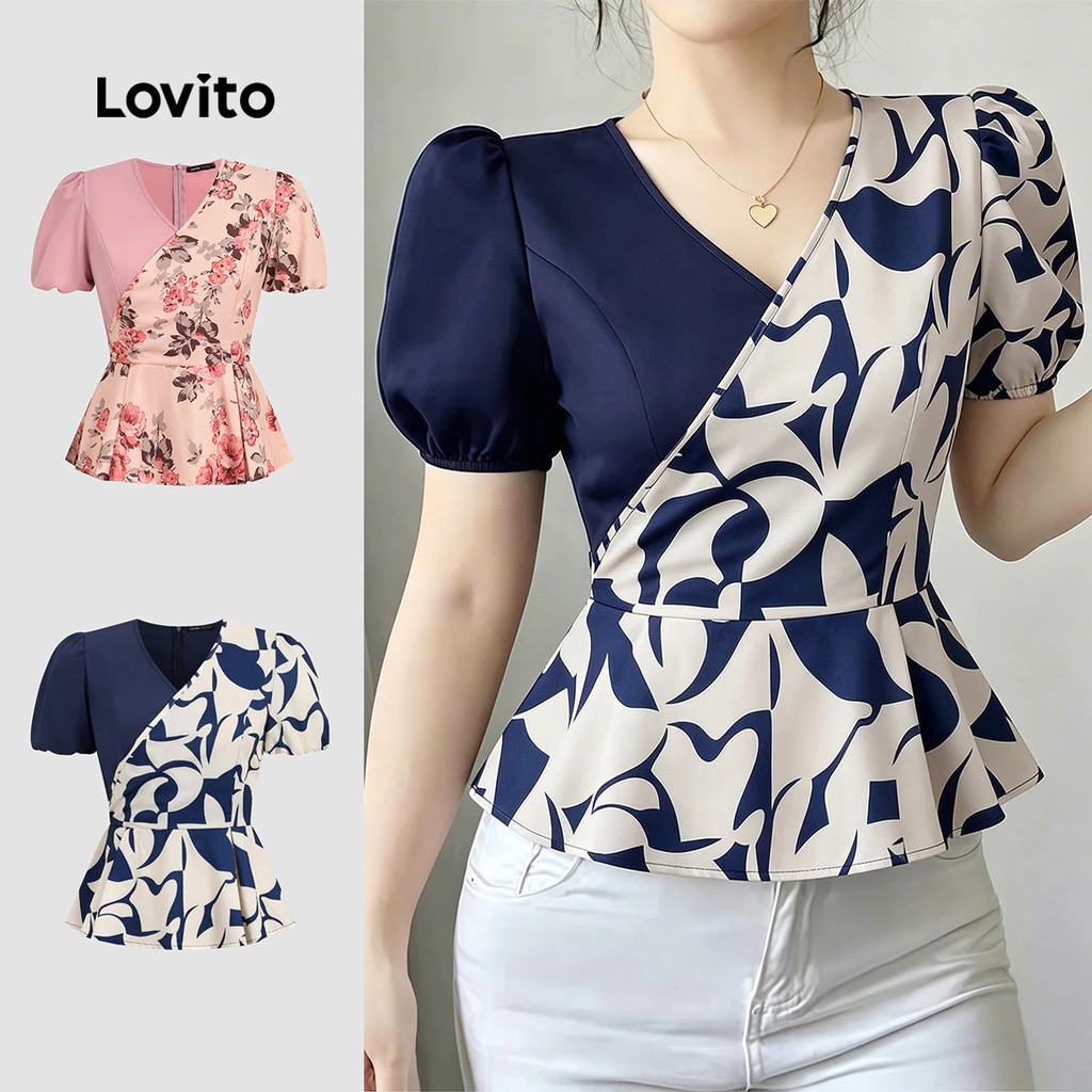 Lovito เสื้อเบลาส์ผ้าหรูหรา เย็บต่อกันด้วยรูปทรงเรขาคณิต สีกรมท่า สําหรับผู้หญิง ฤดูใบไม้ผลิ/ฤดูร้อน LK6ED277