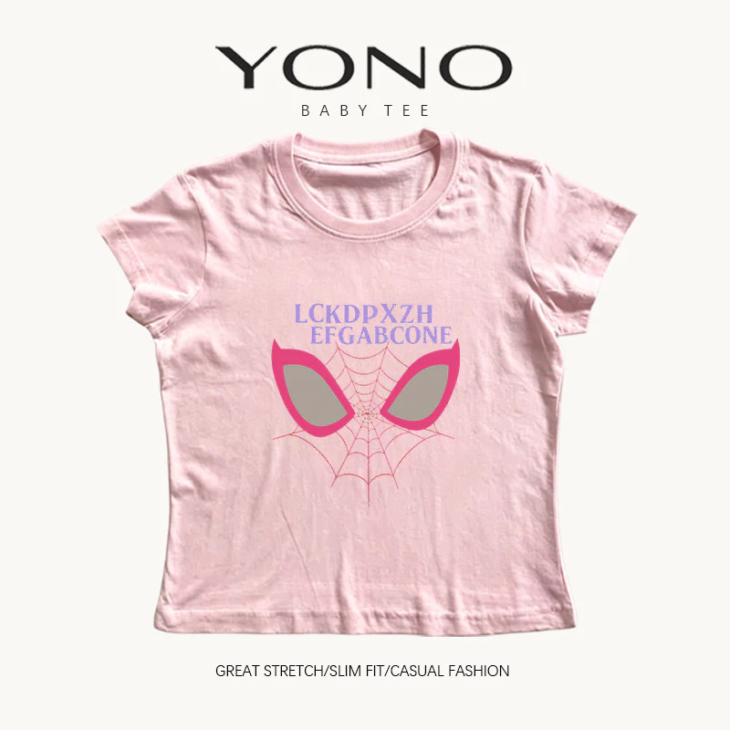 (พร้อมส่ง24ชม.) YONO baby tee สีชมพู ลายหน้ากากกับใยแมงมุมสีชมพู ทรงเข้ารูป สตรีท y2k