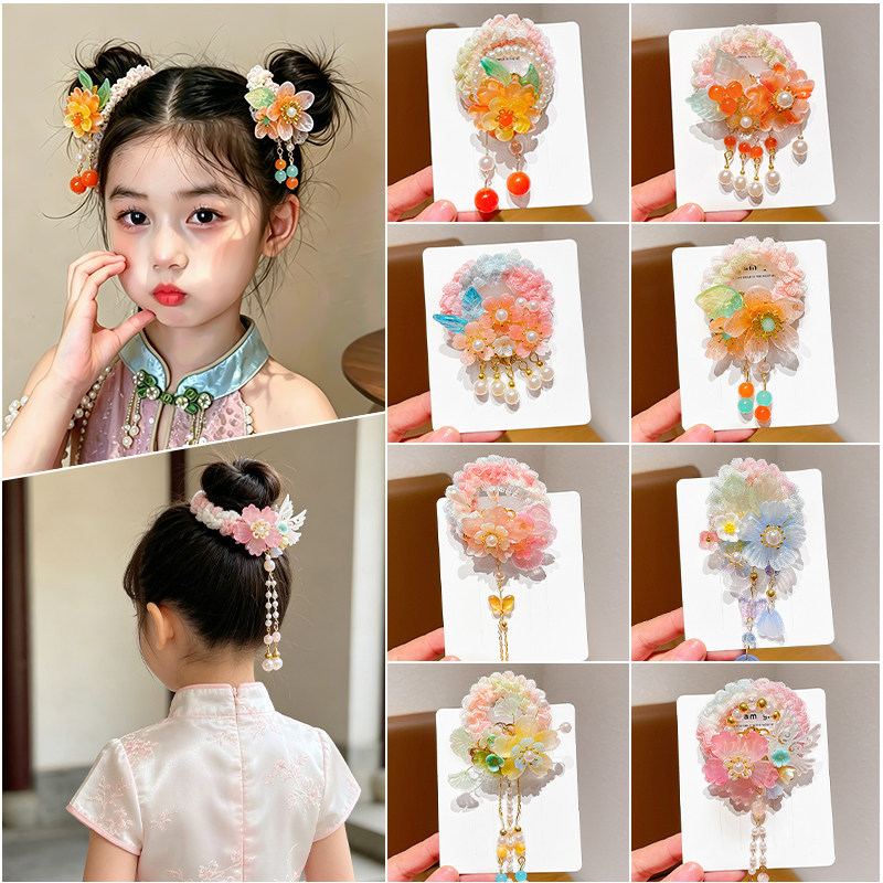 ยางรัดผมโบว์พู่สไตล์จีนของเด็กผู้หญิง, เครื่องประดับผม Hanfu Princess Double Bun