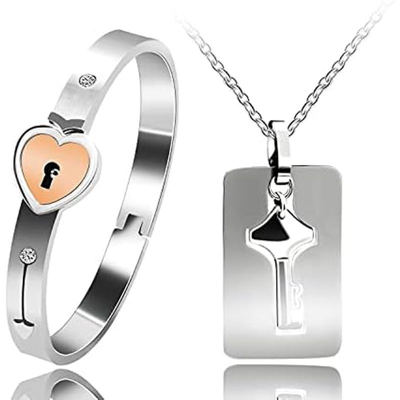 Uloveido Shield Key Pendant Necklace and Lock Bracelet for Girls Boys Couple Necklace Bracelet Set f