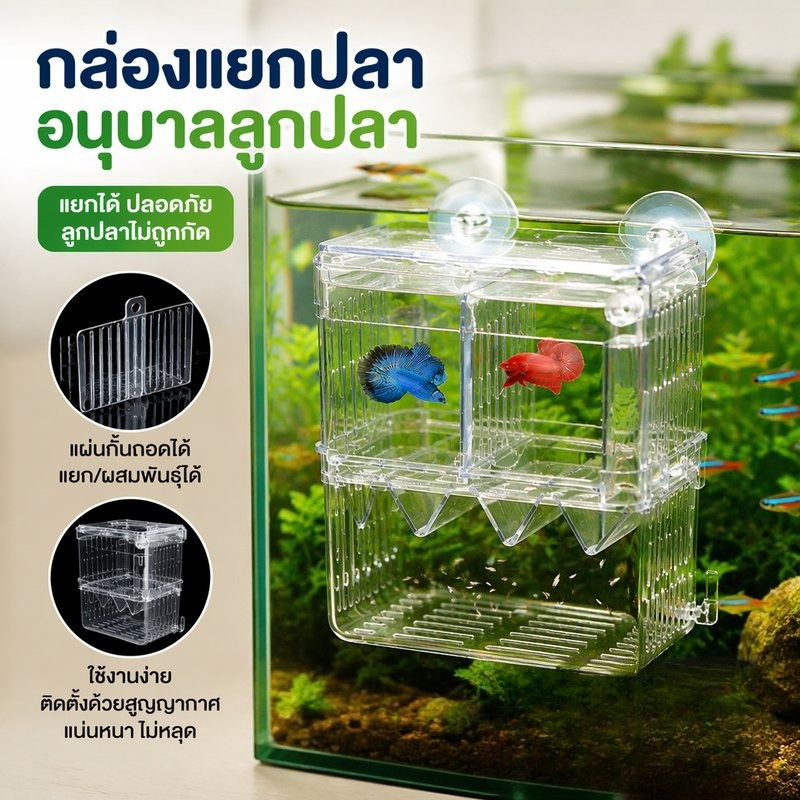 ตู้แยกปลาคลอดลูก กล่องแยกปลาสำหรับถังปลา วัสดุพลาสติกสีใสโปร่งแสง ดีไซน์แยก 2 ช่องอิสระ ป้องกันปลาแม่กินลูกปลา