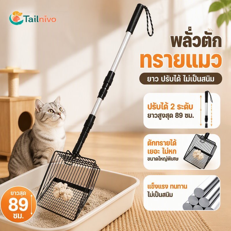 ที่ตักทรายแมวหัวสแตนเลสปรับด้ามยาวอย่างรวดเร็วร่อนกันสนิมทนทาน