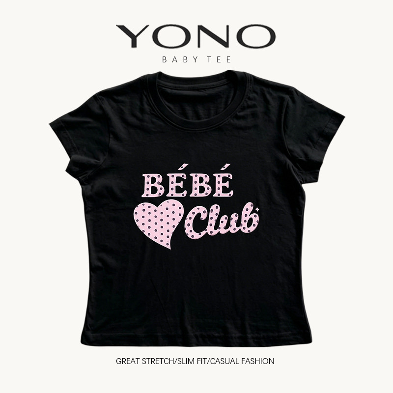 (พร้อมส่ง24ชม.) YONO. Baby Tee สีดำ ลายตัวอักษร BÉBÉ Club กับหัวใจสีชมพู ทรงเข้ารูป สไตล์ Y2K