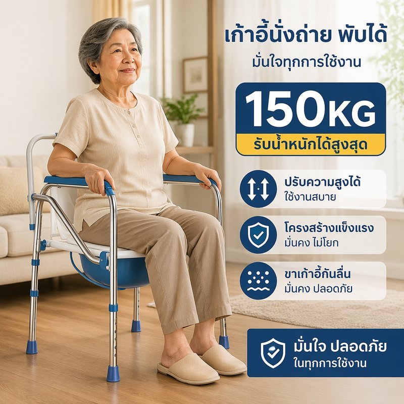 เก้าอี้หม้อแบบพกพาสําหรับผู้สูงอายุผู้ป่วยปรับความสูงพับได้กันลื่นสําหรับงานหนัก