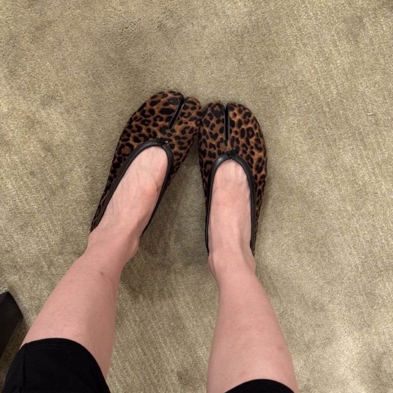 Sheepskin~Split-Toed Leopard Print Pig Chops Shoes Womens Leather Korean Niche Slip-On Ballet Shoes