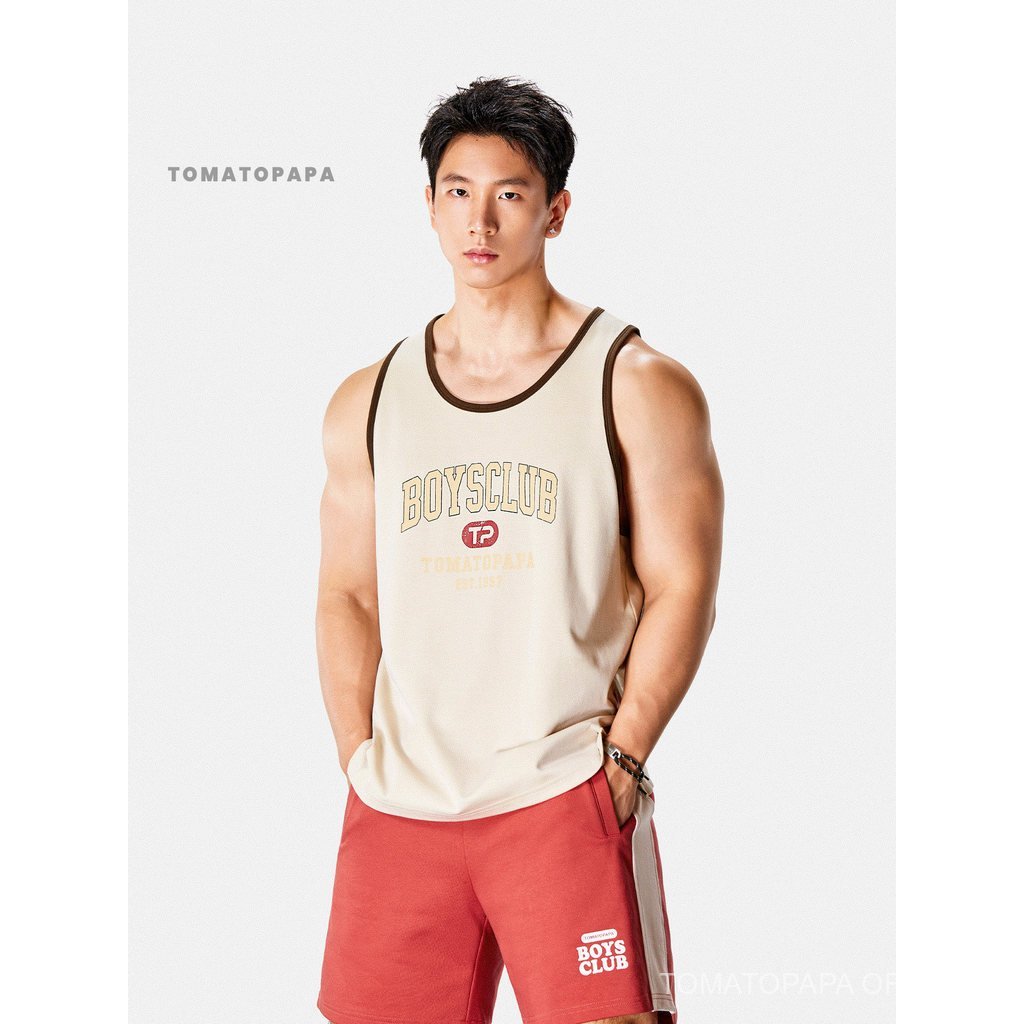 TOMATOPAPA Mens Contrast Color Letter พิมพ์เสื้อกั๊ก-ฤดูร้อน Cool Quick-Drying Sports Street Casual Sweat Vest