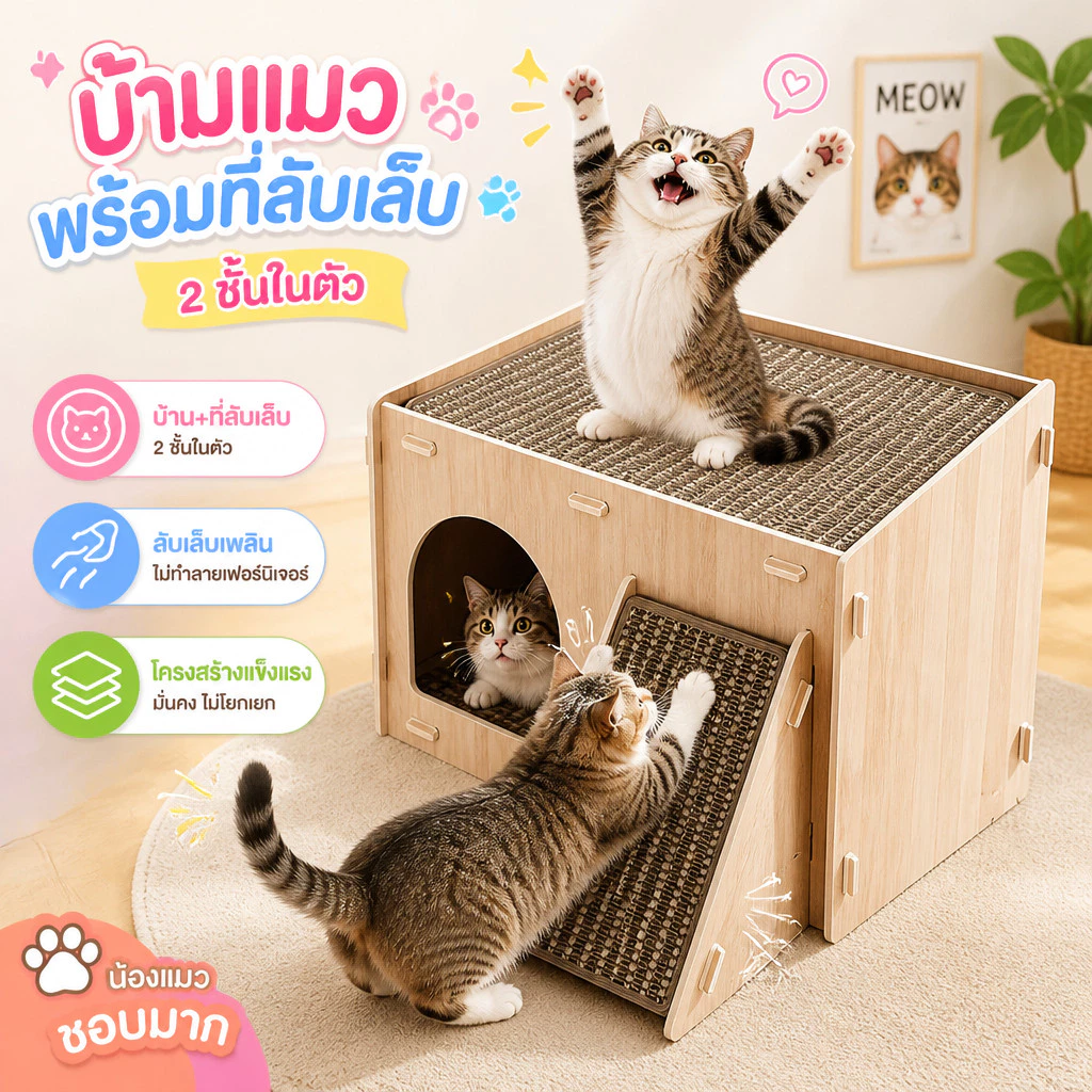 COD 🐱ที่ลับเล็บแมว บ้านแมวสองชั้น บ้านลับเล็บแมวฟังก์ชั่นหลากหลาย ทนต่อการขีดข่วน พื้นที่ขนาดใหญ่