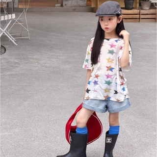 PRETTY BABY เสื้อเด็ก เสื้อยืดคอกลม ลายดาว กางเกงยีนส์เด็ก กางเกงขาสั้น(2362)