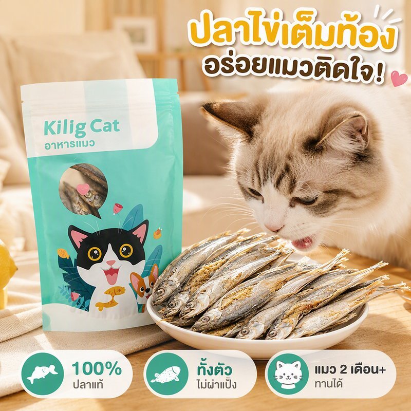 ปลาไข่แมวอบแห้ง ขนมแมว ปลาไข่เต็มตัว ธรรมชาติ100 เปล่าจืด แมวอายุ2เดือนขึ้นไป 15g 50g