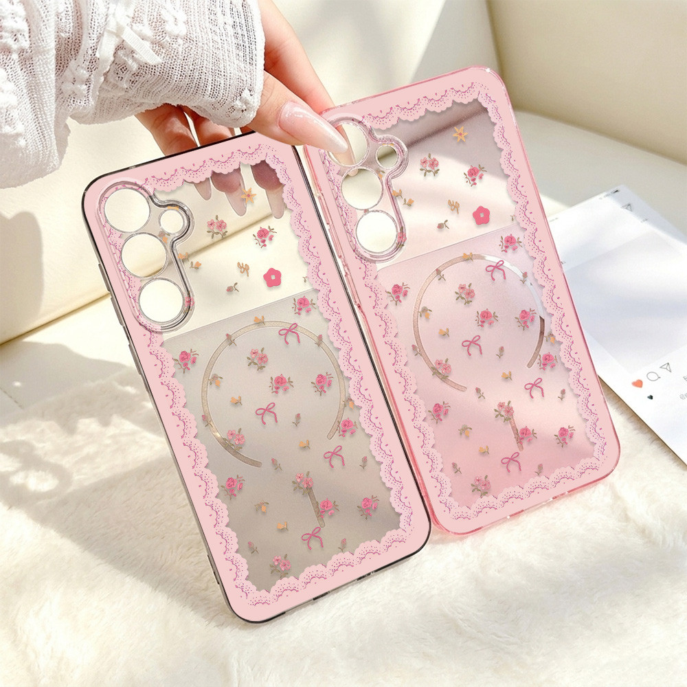 Pink Floral เคสมือถือ For Samsung A07 A17 A57 A55 A56 A06 A16 A15 A36 A37 S25 S26 S24 Ultra S24FE SoftTPU เคสใสกันกระแทก