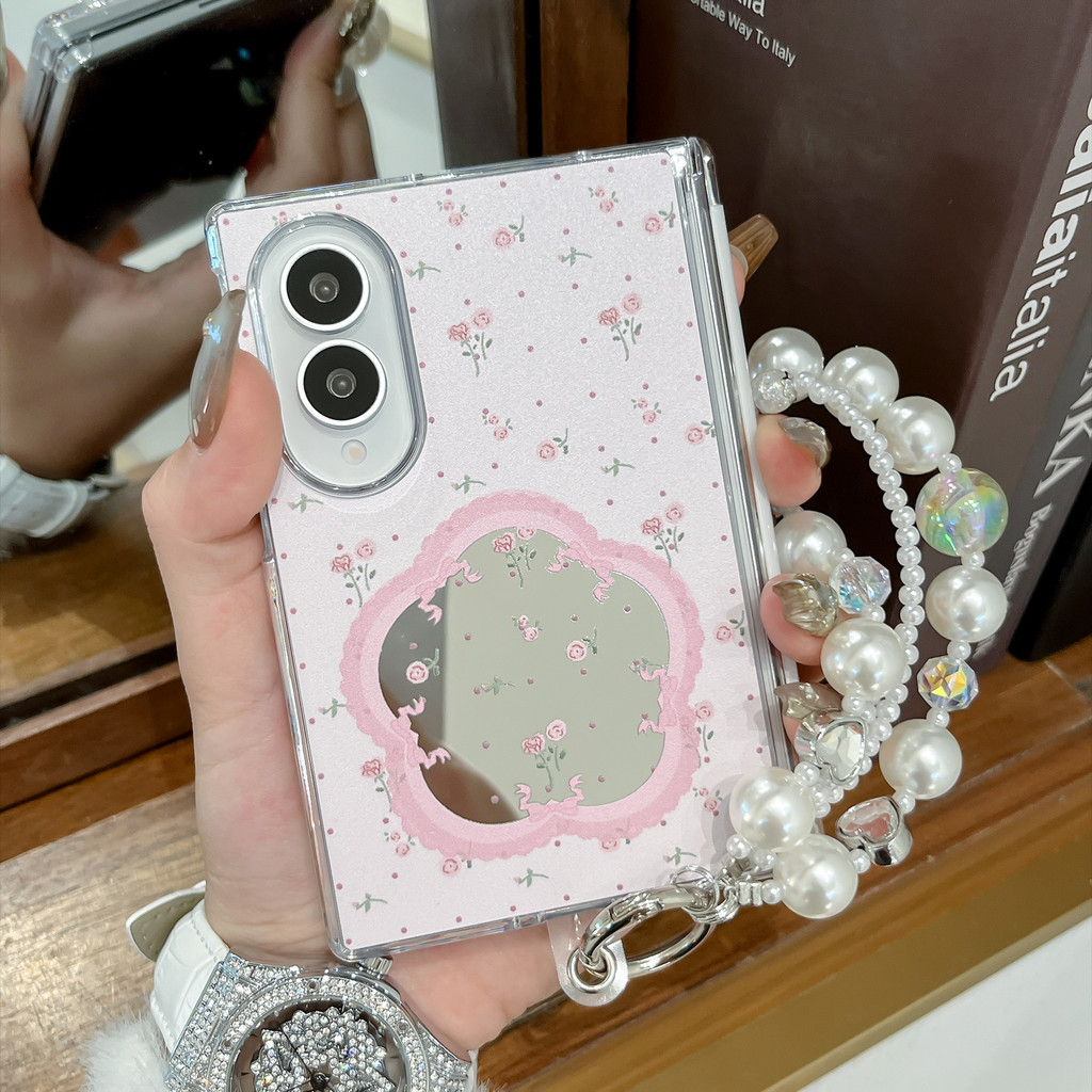 กระจกแต่งหน้ารูปดอกไม้พร้อมเคสโทรศัพท์เชือกเส้นเล็กมุกสําหรับ Samsung Galaxy Z พับ 8 Ultra 7 6 ฝาครอบป้องกันกันกระแทก