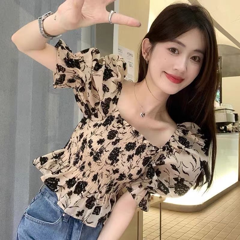 เสื้อแขนตุ๊กตาผู้หญิง เชิ้ตผู้หญิง Camellia แอลove เอสong เสื้อแขนสั้นคอปกสี่เหลี่ยมสไตล์ฝรั่งเศสระด