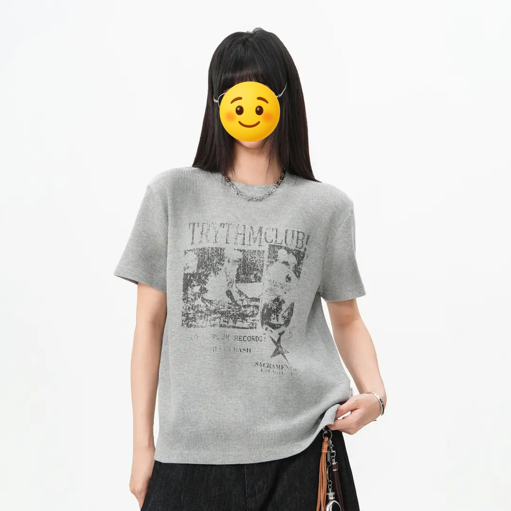Summer Street Retro Waffle พิมพ์ด้านหน้าไหล่หลวมผู้ชายผู้หญิง All-Match แขนสั้น