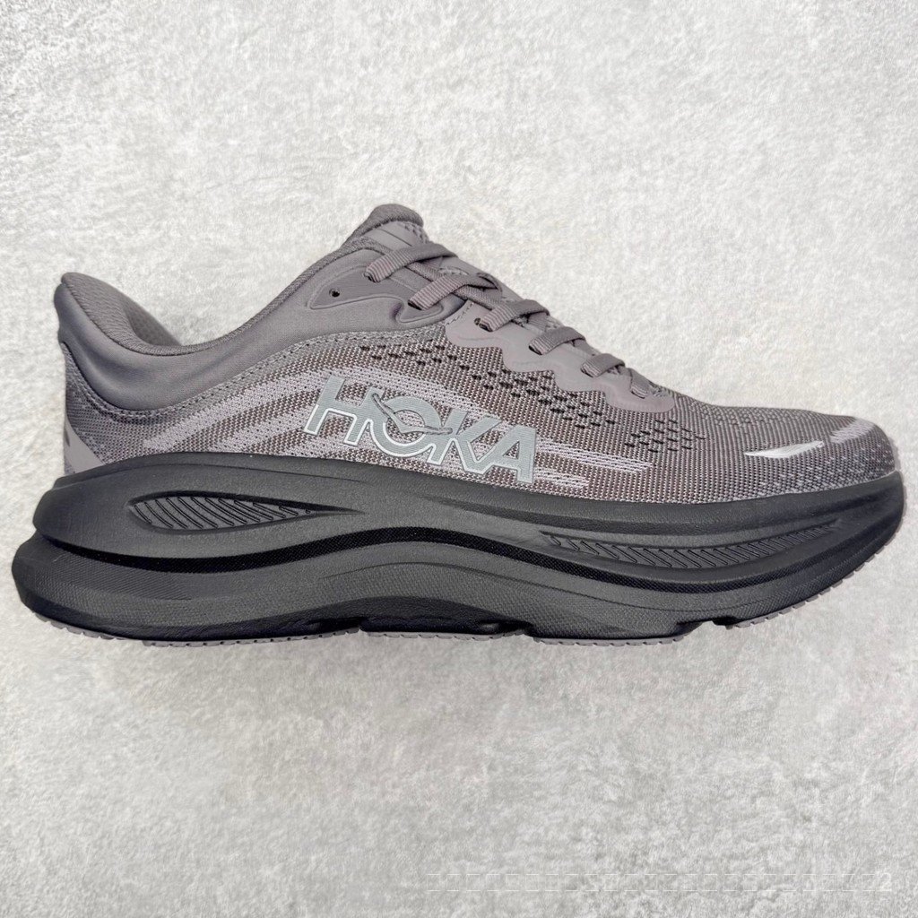 HOKA ONE ONE Bondi 9 รองเท้าวิ่งสำหรับทั้งผู้ชายและผู้หญิง หน้าตากลมหนานุ่ม สีเทาดำ