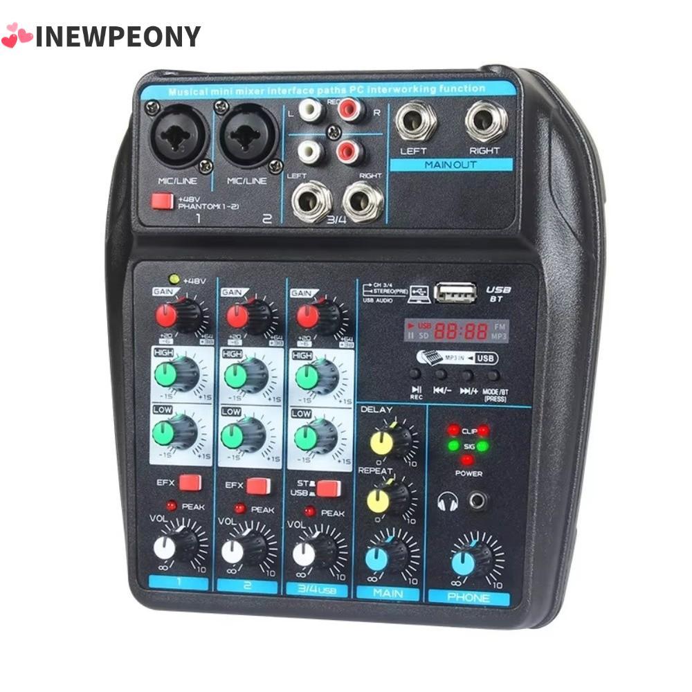 NEWPEONY DJ Console Mixer, 4 Channel Monitor Karaoke System Audio Mixer, Bluetooth Portable with 48V