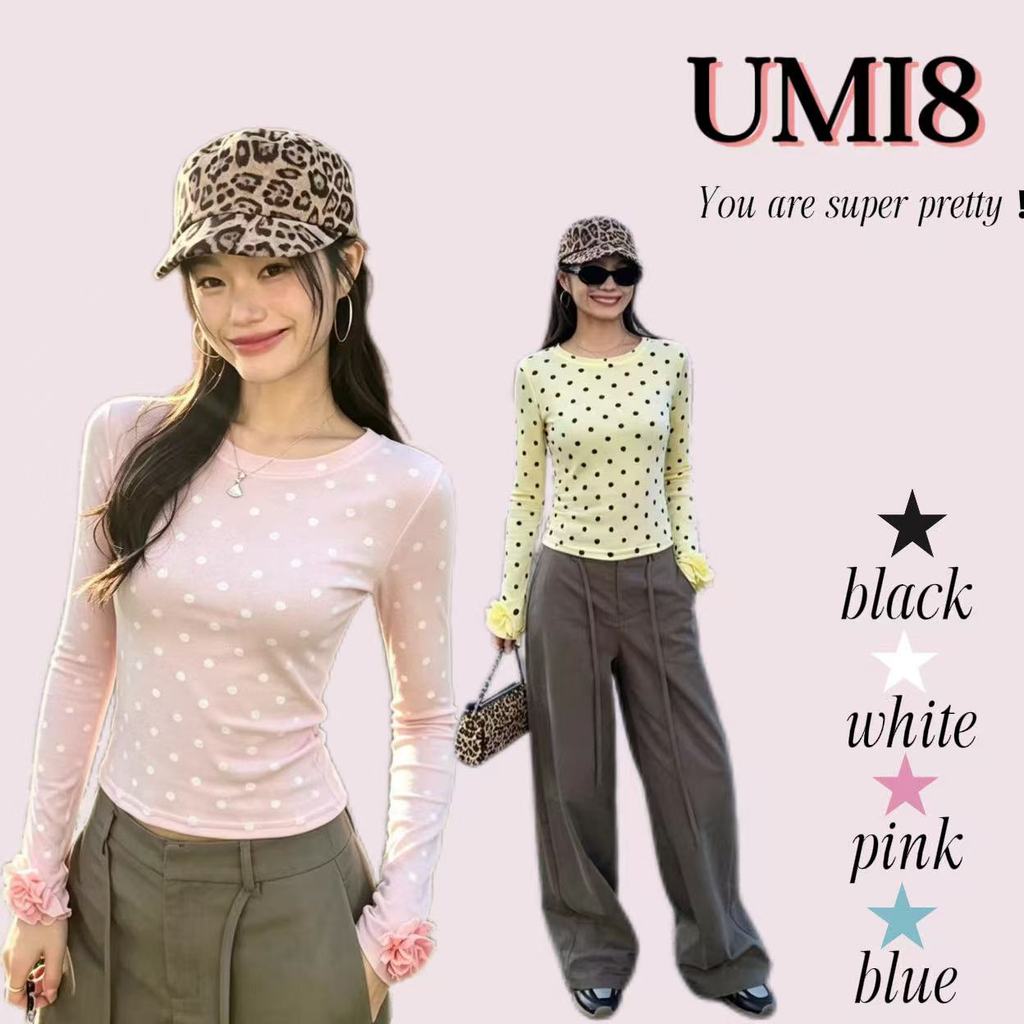 UMI8 【ในสต็อก】 เสื้อยืดผู้หญิงสไตล์เกาหลี ลายจุด สีน้ำเงิน เรียบง่าย ใส่สบายช่วงซัมเมอร์ สวยมาก ทรงเข้ารูป ผอมเพรียว