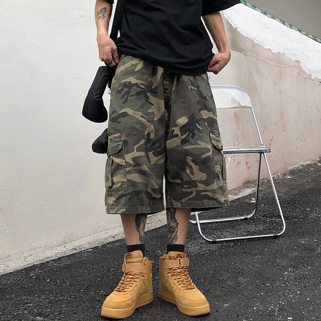 Camouflage สั้นสําหรับชายกางเกงขากว้างหลวมสําหรับชาย Vintage Baggy กางเกงผู้ชาย