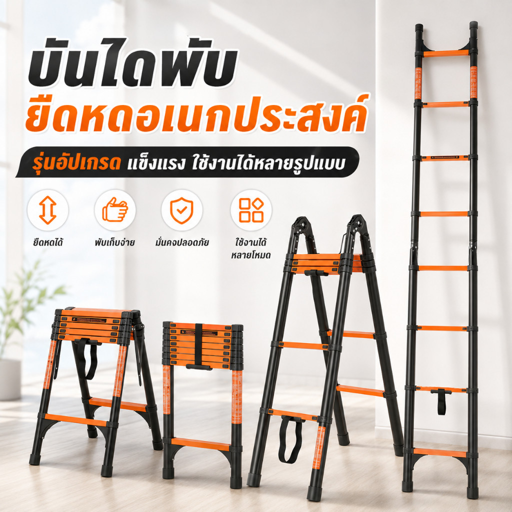 2.9+2.9M บันไดทรงเอสแตนเลส พับได้ยืดหดได้ แข็งแรง เสถียร รับน้ำหนัก 3000 กก.