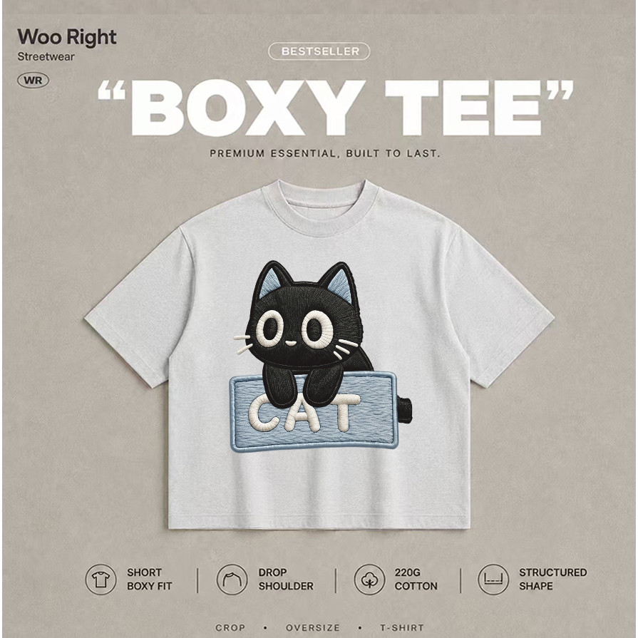 Woo Right تيشيرت Boxy واسع مطرز CAT بقطة كرتونية — أسود — صورة 6