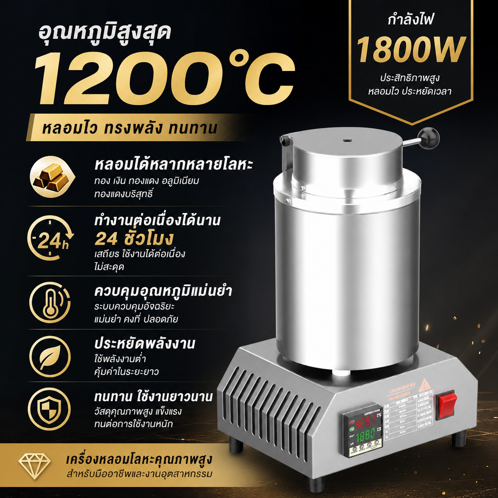 เครื่องหลอมโลหะ เตาหลอมทองไฟฟ้า สำหรับหลอมทอง หลอมเงิน งานหล่อโลหะ งานช่างทอง กำลังไฟ 1800W มีบริการหลังการขาย