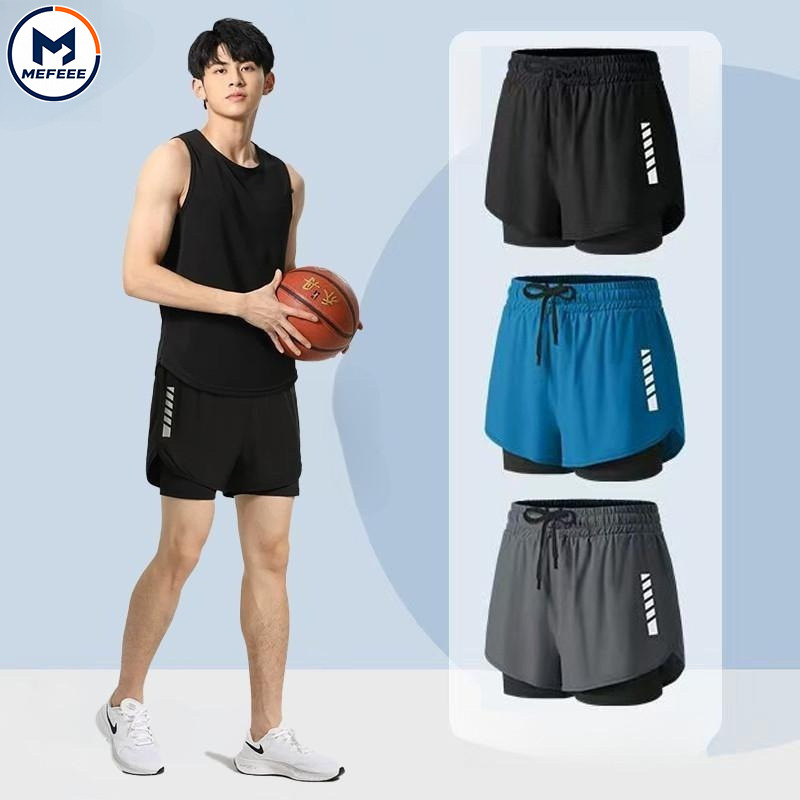 MEFEEE Unisex M-5XL Running Shorts Dir-Fit ตาข่ายสองชั้น สวมใส่สำหรับการวิ่งและขี่จักรยาน มีให้เลือกหลายสี เช่น สีดำ สีเทา และสีฟ้า