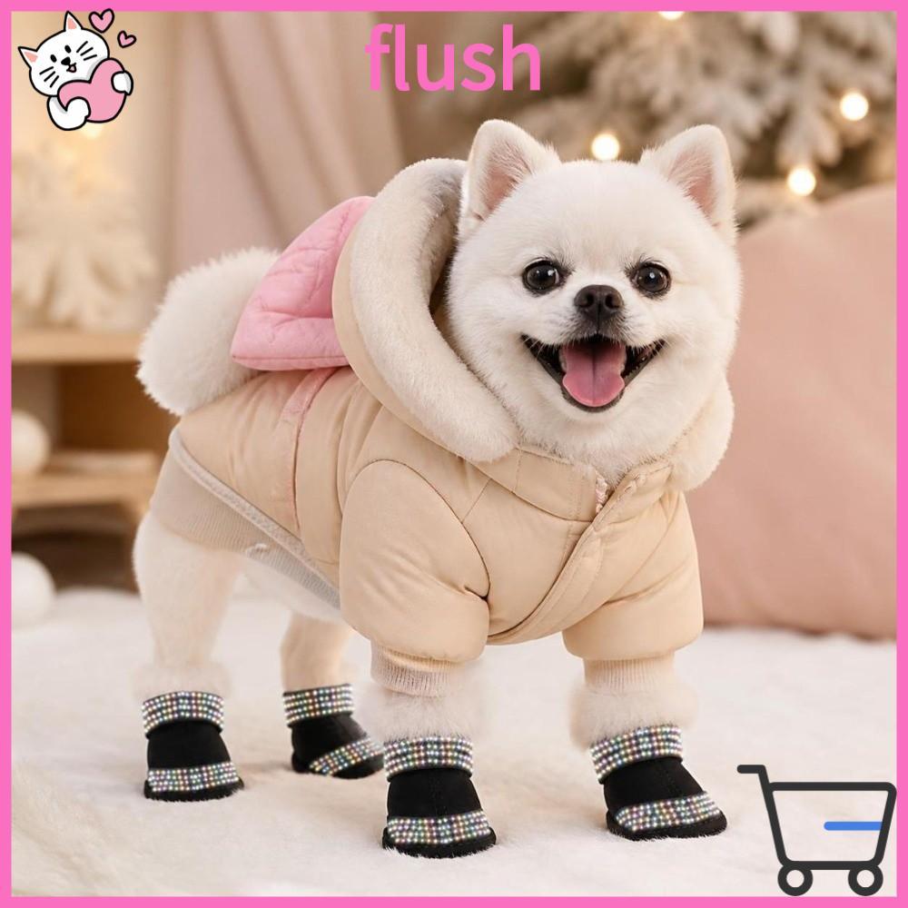 FLUSH 4 ชิ้นรองเท้าสุนัขฤดูหนาว, รองเท้าสัตว์เลี้ยงตุ๊กตากันลื่น, แฟชั่นหนา Luminous Warm Dog Footwe
