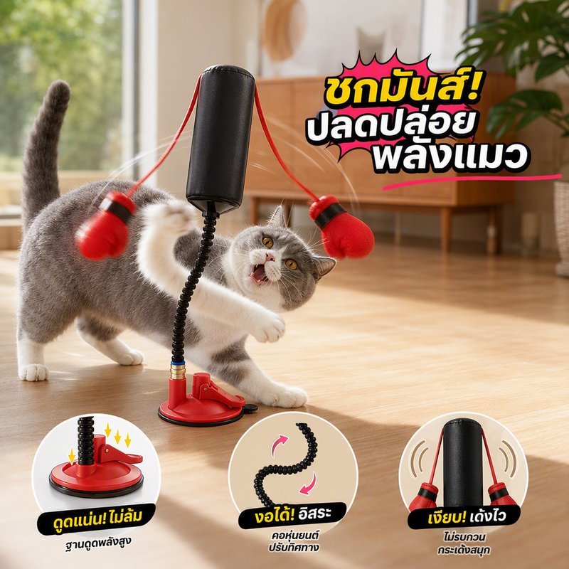 ของเล่นชกมวยแมว แบบโต้ตอบ ฐานดูดสุญญากาศ ท่ออ่อนปรับได้ เด้งกลับเงียบ ถุงมือคู่