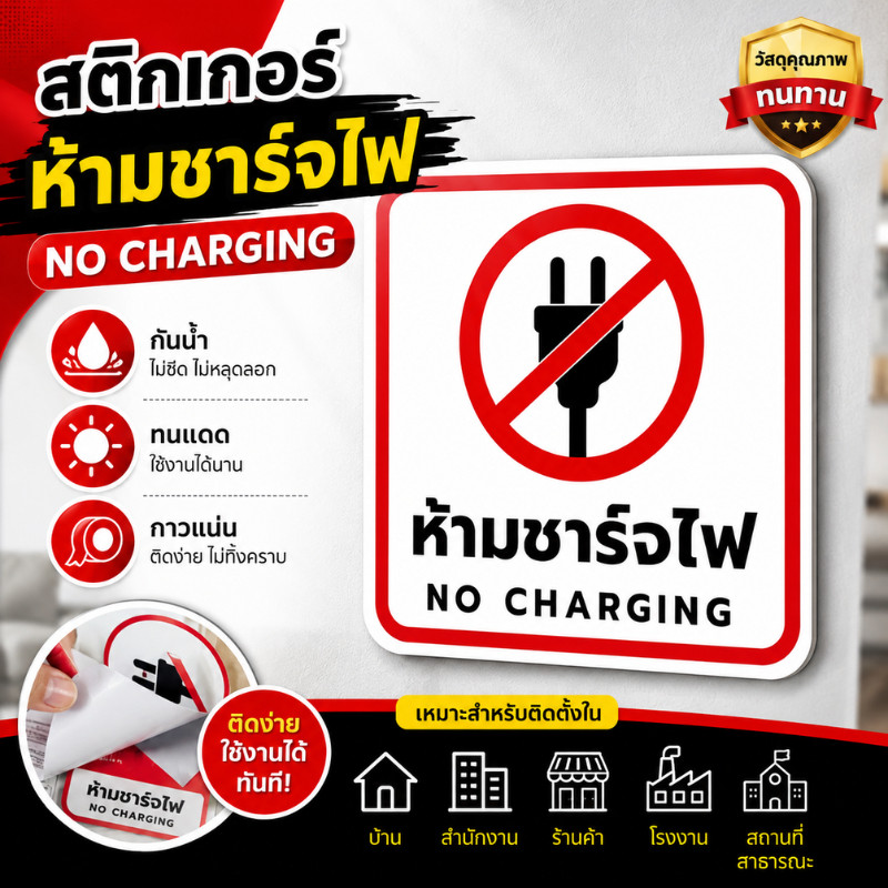 Sticker Mall สติกเกอร์ป้ายเตือน ห้ามชาร์จไฟ NO CHARGING ป้ายติดผนัง ติดประตูกระจก มีหลายขนาด แปะง่าย ไม่ทิ้งคราบกาว