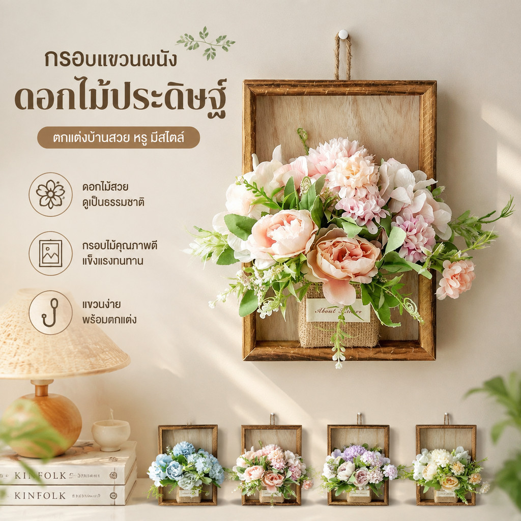 ดอกไม้ประดิษฐ์ติดผนัง สไตล์นอร์ดิก INS กรอบรูปไม้ มีกุหลาบ ดอกเดซี่ ตกแต่งผนังบ้าน ห้องนั่งเล่น คาเฟ่ ร้านค้า สวนในร่ม