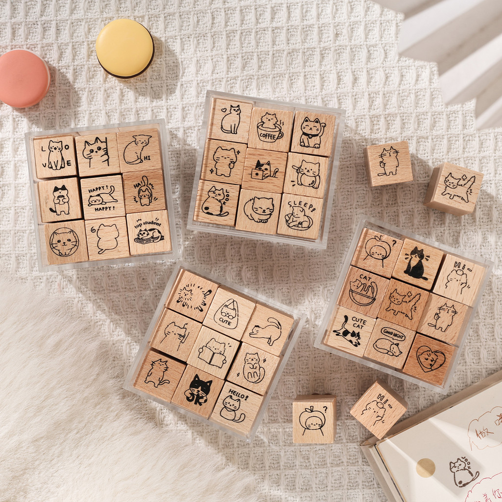 9 ชิ้นแมว Themed การ์ตูนสัตว์แสตมป์ยางน่ารักการ์ตูนรูปแบบ DIY Craft แสตมป์สําหรับ Party Decor Scrapbooking การ์ดทํา