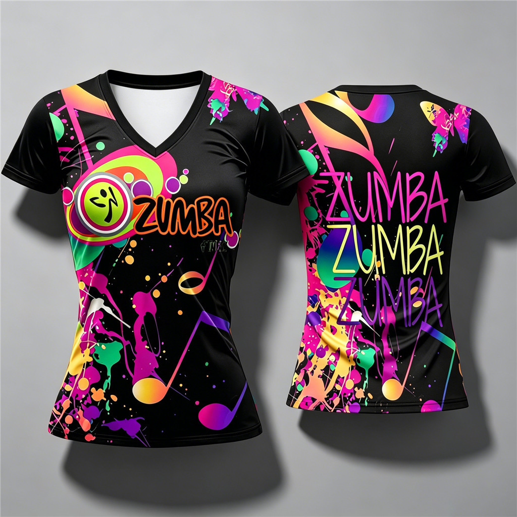 เหงื่อ Wicking Graffiti พิมพ์ V คอ Zumba สวมใส่ผู้หญิงหลวม Fit แขนสั้นสําหรับสตูดิโอ Zumba Class Dai