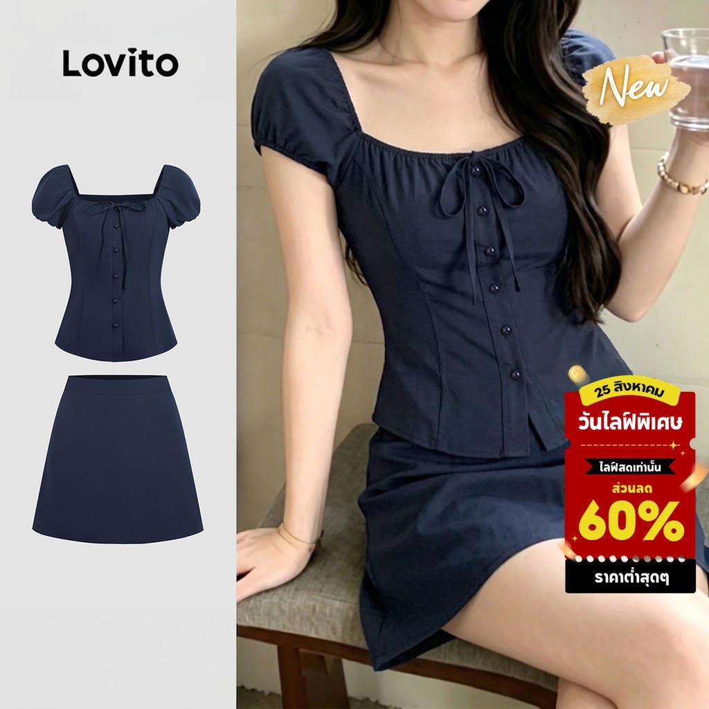 (New Arrival) Lovito เสื้อหรือกางเกงลําลองผู้หญิง สไตล์เรียบง่าย ปุ่ม เหมาะสําหรับฤดูใบไม้ผลิ/ฤดูร้อน สีฟ้ากรมท่า ประจำวัน เกาหลี อินเทรนด์ KSK8TD116